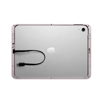 The image shows the back of a tablet with an Apple logo and a USB-C cable placed on the rear of the tablet.