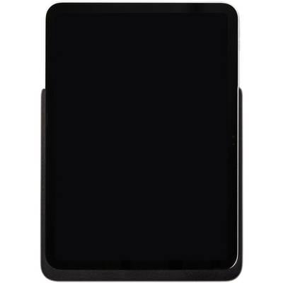 Black, rectangular screen or electronic device with a glossy surface, resting in a stand.
