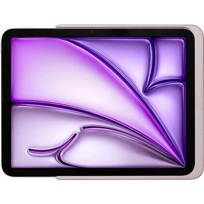 A tablet displays an abstract, purple artwork with curved lines and shapes. It has a black border and a pink-gold reverse side.