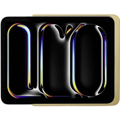 A tablet with a black screen displays an abstract, brightly coloured image. The device has a slim, golden frame.