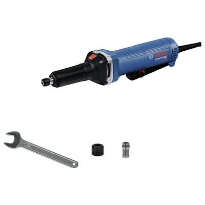 Electric straight grinder by Bosch, blue-black with accessories: spanners, collet chuck and nut. Ideal for precise grinding work.