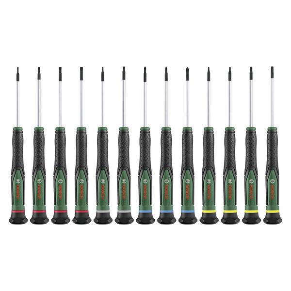 'Thirteen slotted and cross-head screwdrivers in various sizes, standing upright, with colour-coded handles.'