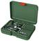 An open green toolbox with a set of screwdrivers and bits, neatly arranged, including a handle piece.