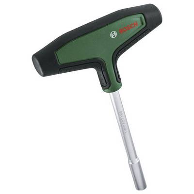 T-shaped screwdriver with red 'Bosch' logo on a green handle. Silver, long shaft with a hexagonal head at the end.