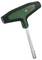 T-shaped screwdriver with red 'Bosch' logo on a green handle. Silver, long shaft with a hexagonal head at the end.