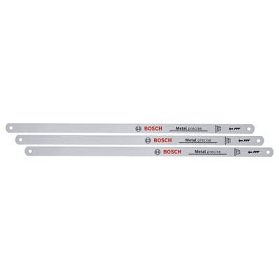 Three grey metal saw blades from the BOSCH brand, with the inscription 'Metal precise'. They are arranged in a row.