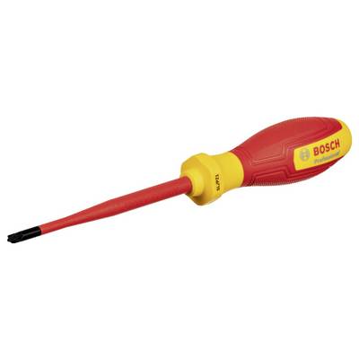 A screwdriver with a red handle and yellow tip, with 'BOSCH Professional' written on the handle.