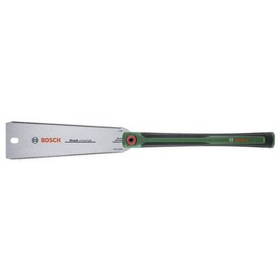 Hand tool with a green-black handle and silver blade with the inscription 'Bosch Wood Universal', usable for wood cutting.