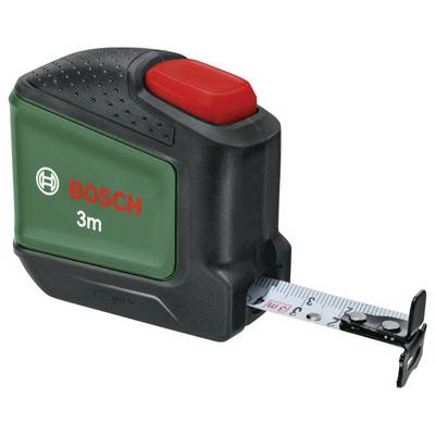 A green Bosch tape measure with a red button and black casing, extended to 3 metres.