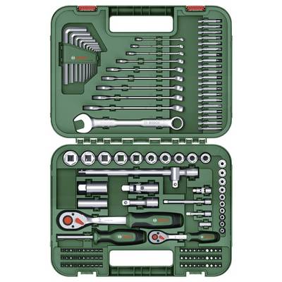 'Bosch Tool Set in green case with ratchet, spanners, bits and hex keys. Perfect for DIY projects.'
