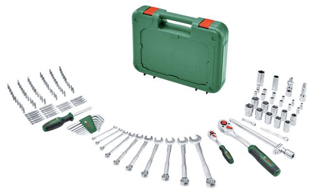 A complete toolkit with a green box, varying wrenches, sockets, screwdrivers, and ratchets, organized for mechanical repair tasks.