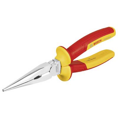 A red and yellow pointed pliers by Bosch, suitable for fine precision work.
