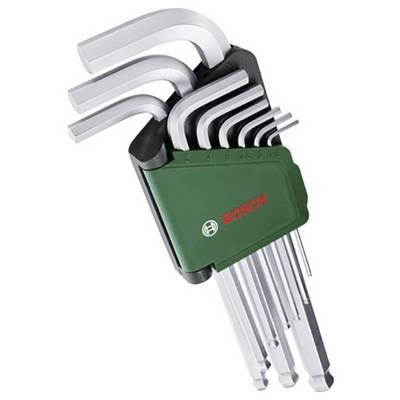 A set of Allen keys in various sizes, held together by a green holder with a company logo.