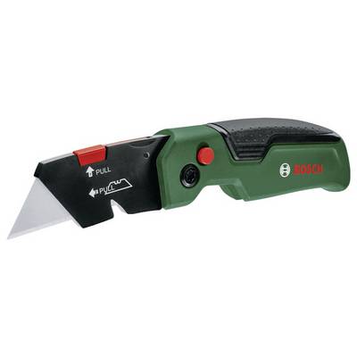 A green, electric tailor's tool with a red button and an extendable blade mechanism, marked with 'BOSCH'.