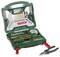 Bosch drill and tool set, opened case with various drill bit sizes and specialist tools, green case.