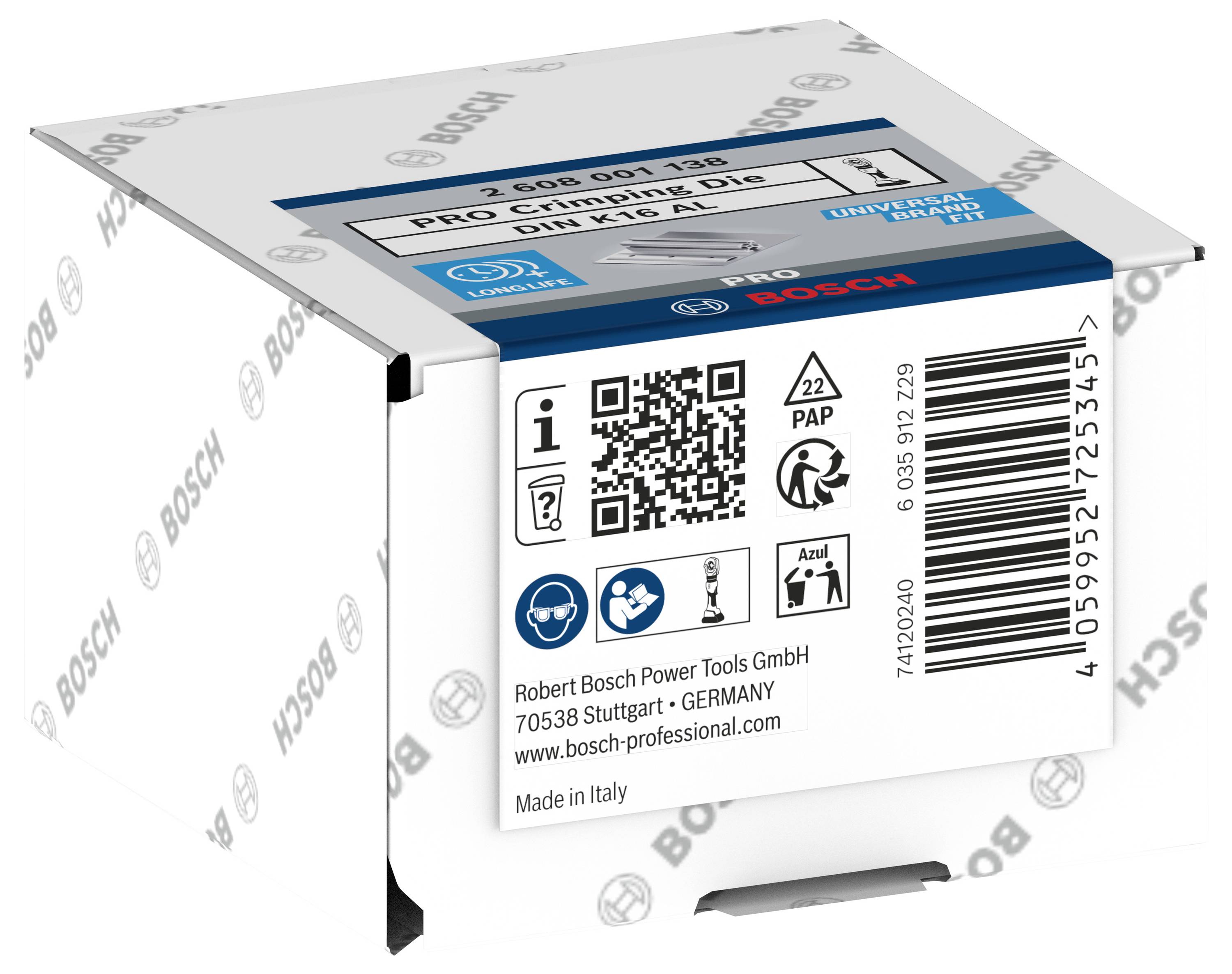 A packaging of Bosch tools, with QR code and recycling symbol. Manufacturer: Robert Bosch Power Tools, Stuttgart, Germany.