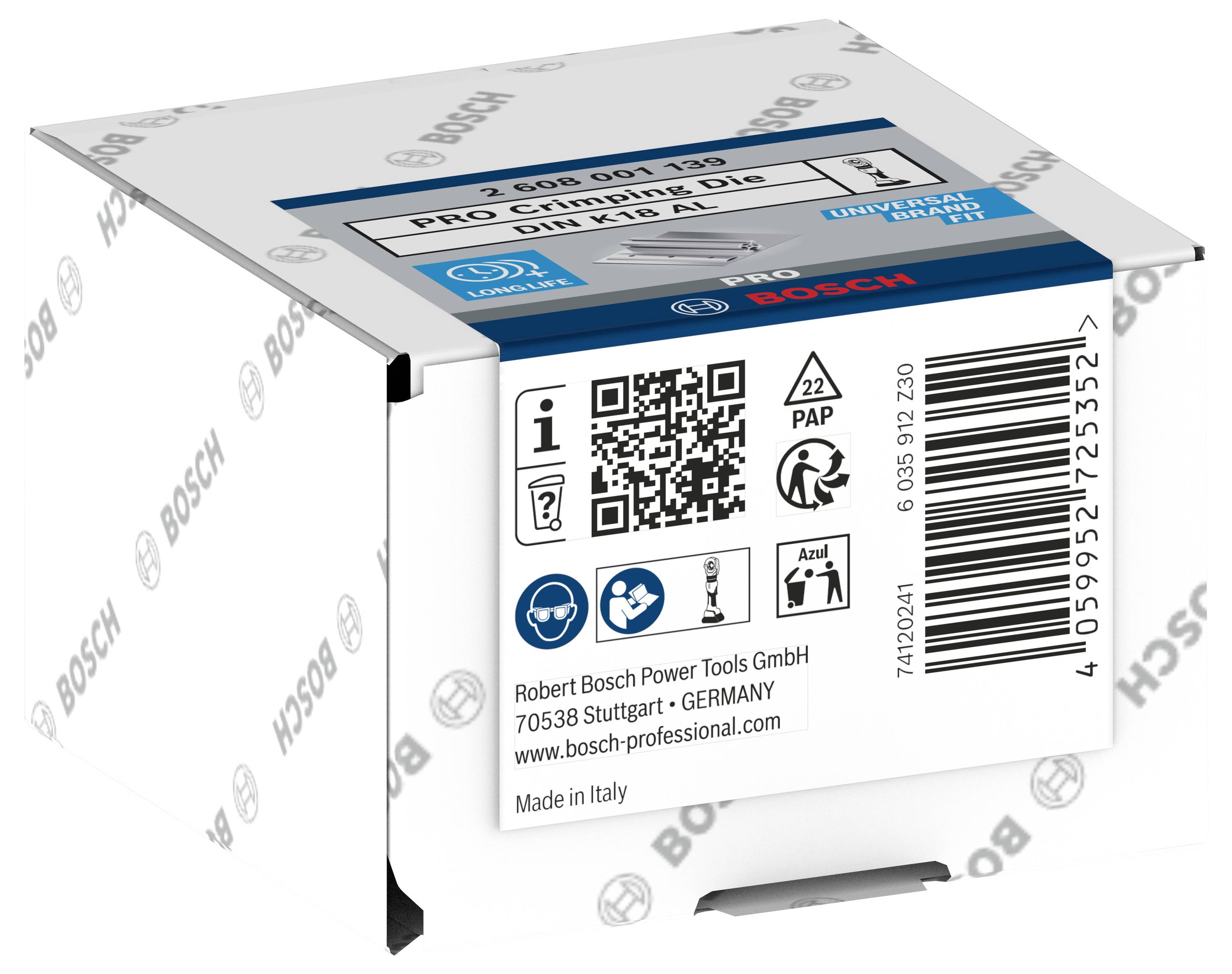 Packaging box for Bosch Pro crimping pliers DIN 1481 D16, with QR code, recycling symbols and company information from Bosch, Stuttgart.