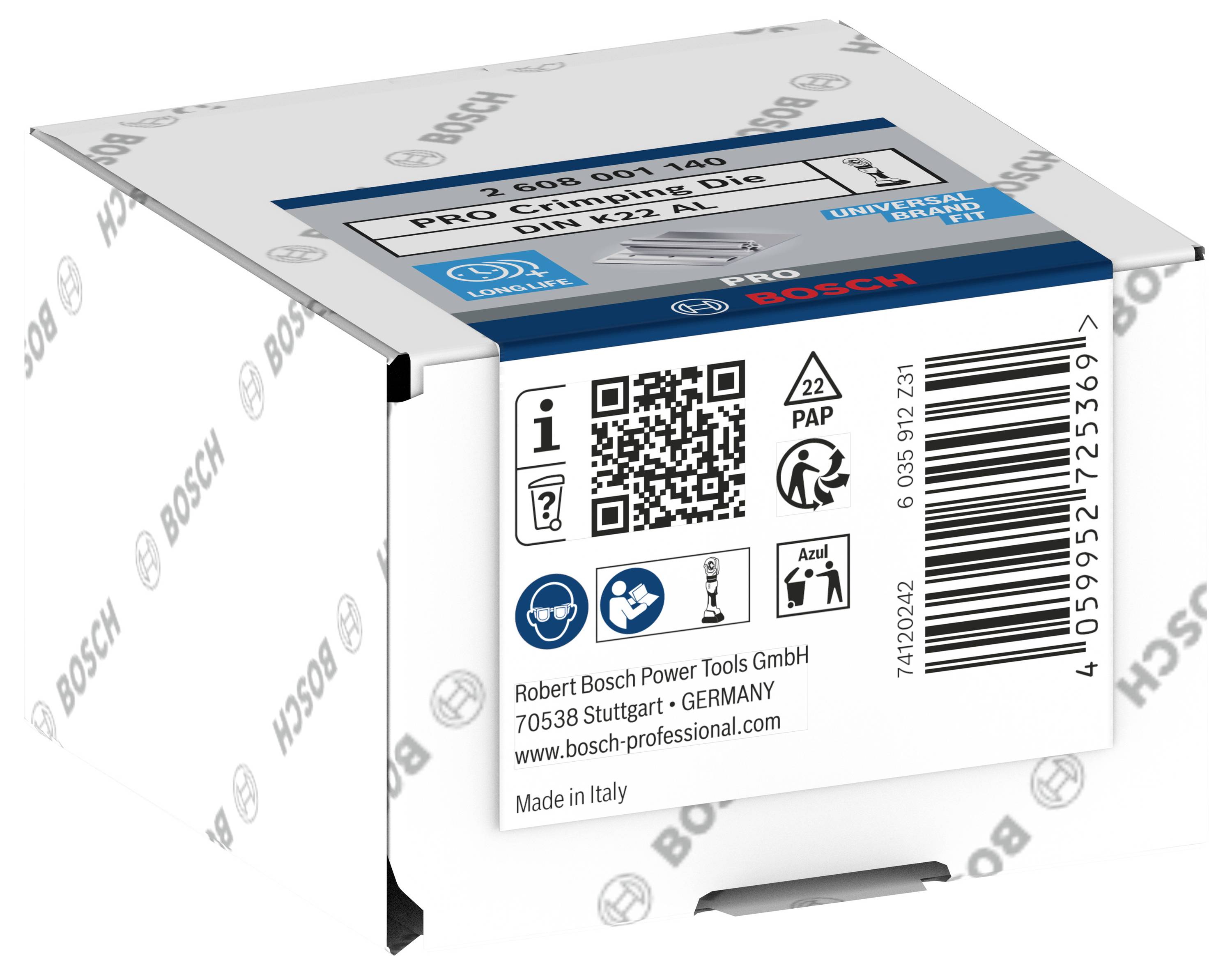 Label of a Bosch packaging with product information about a drill bit, including QR code, recycling symbols and manufacturer details.