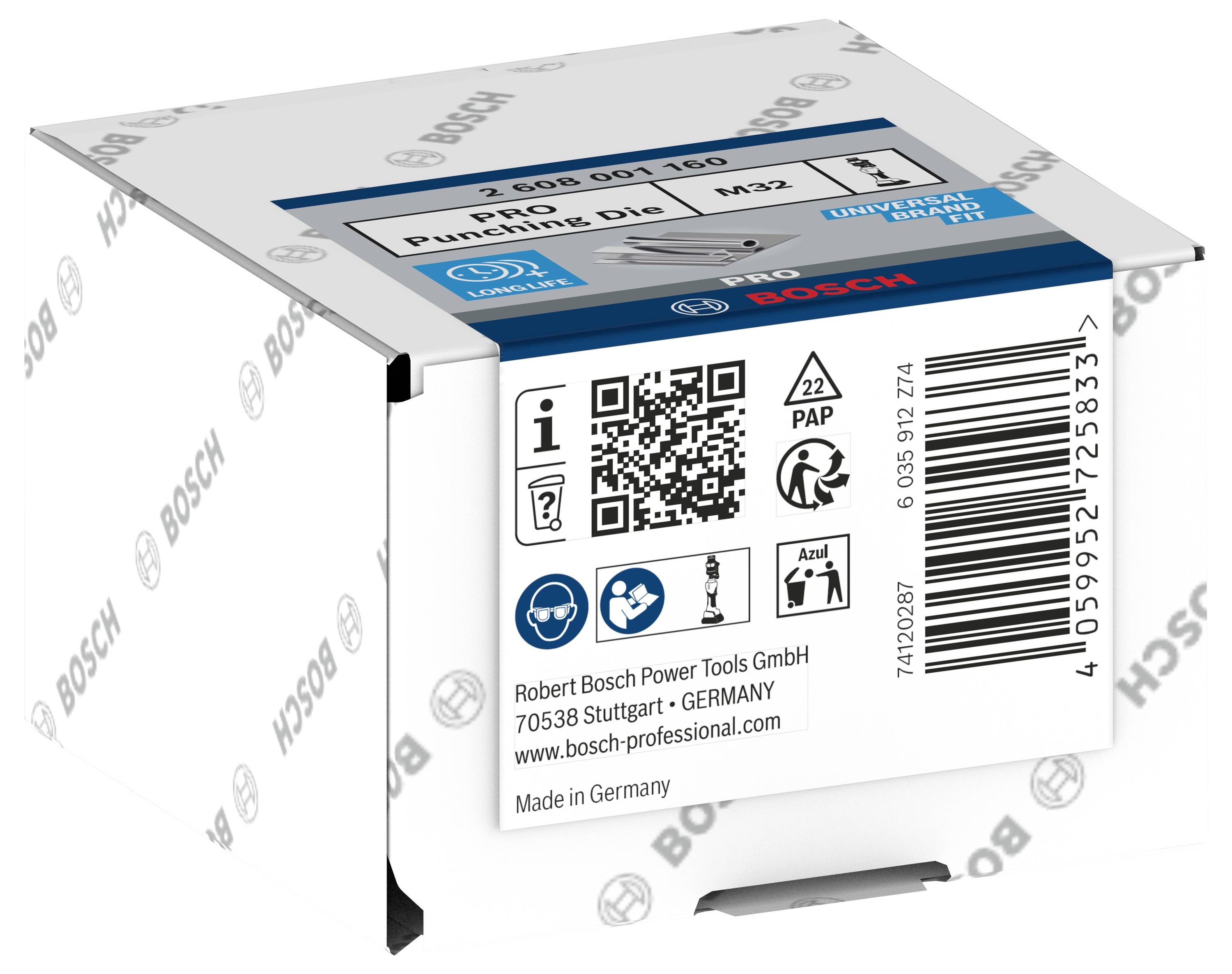 'Bosch Pro Punching Tool M32' on packaging. Contains QR code, recycling symbols and company address. Place of manufacture: Germany.