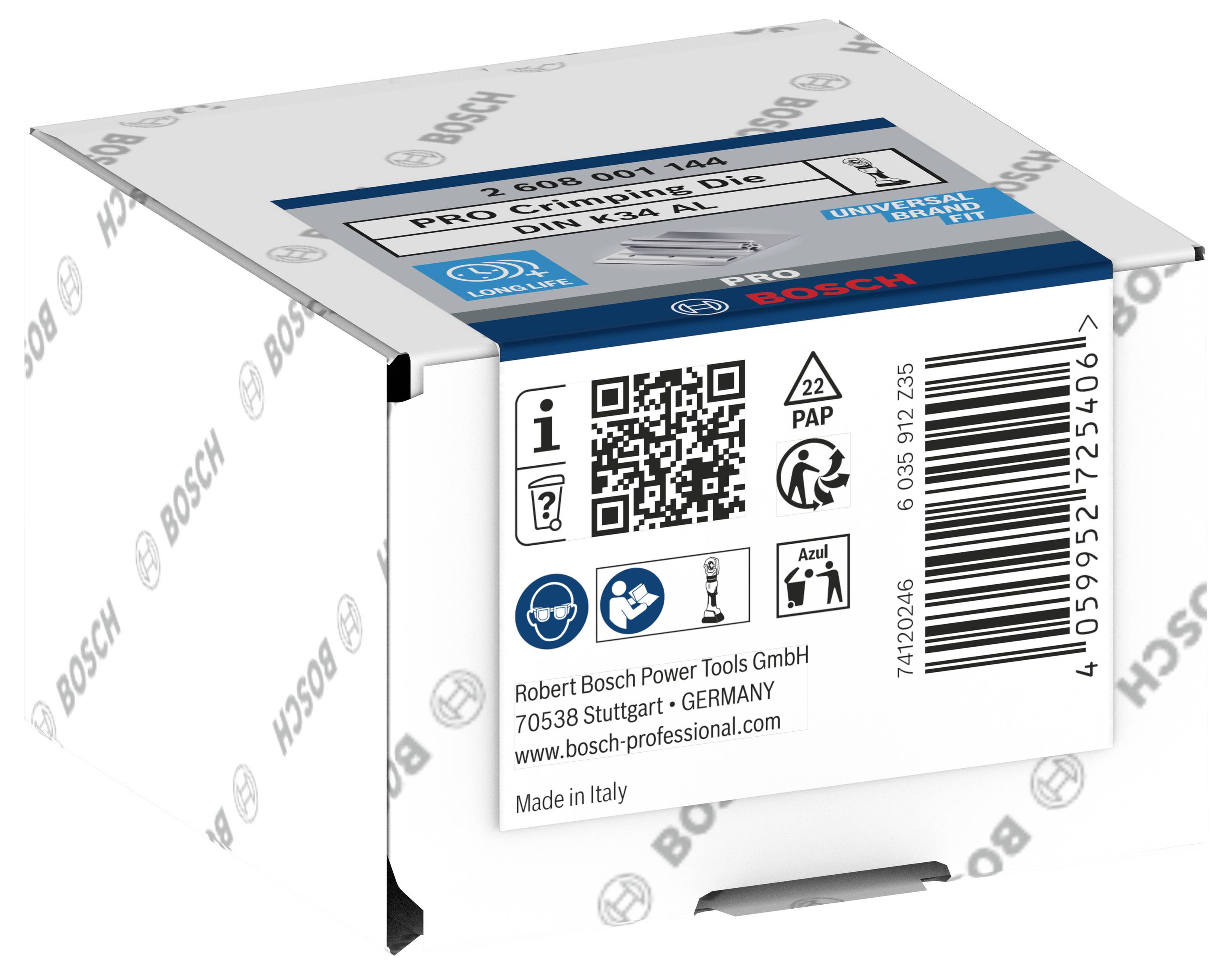 A packaging for Bosch Pro crimp jaws D16. Contains product information, QR code, recycling symbols and manufacturer details.
