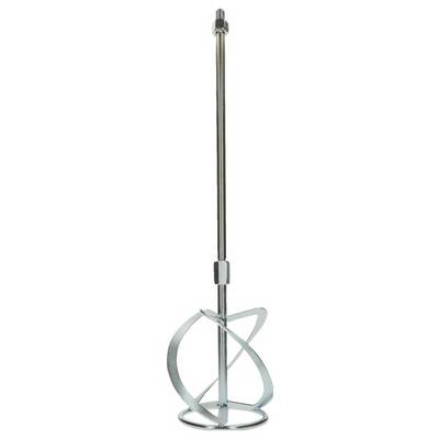 A metallic paint and mortar mixer with a long handle and a spiral-shaped mixer at the lower end, often used for construction work.