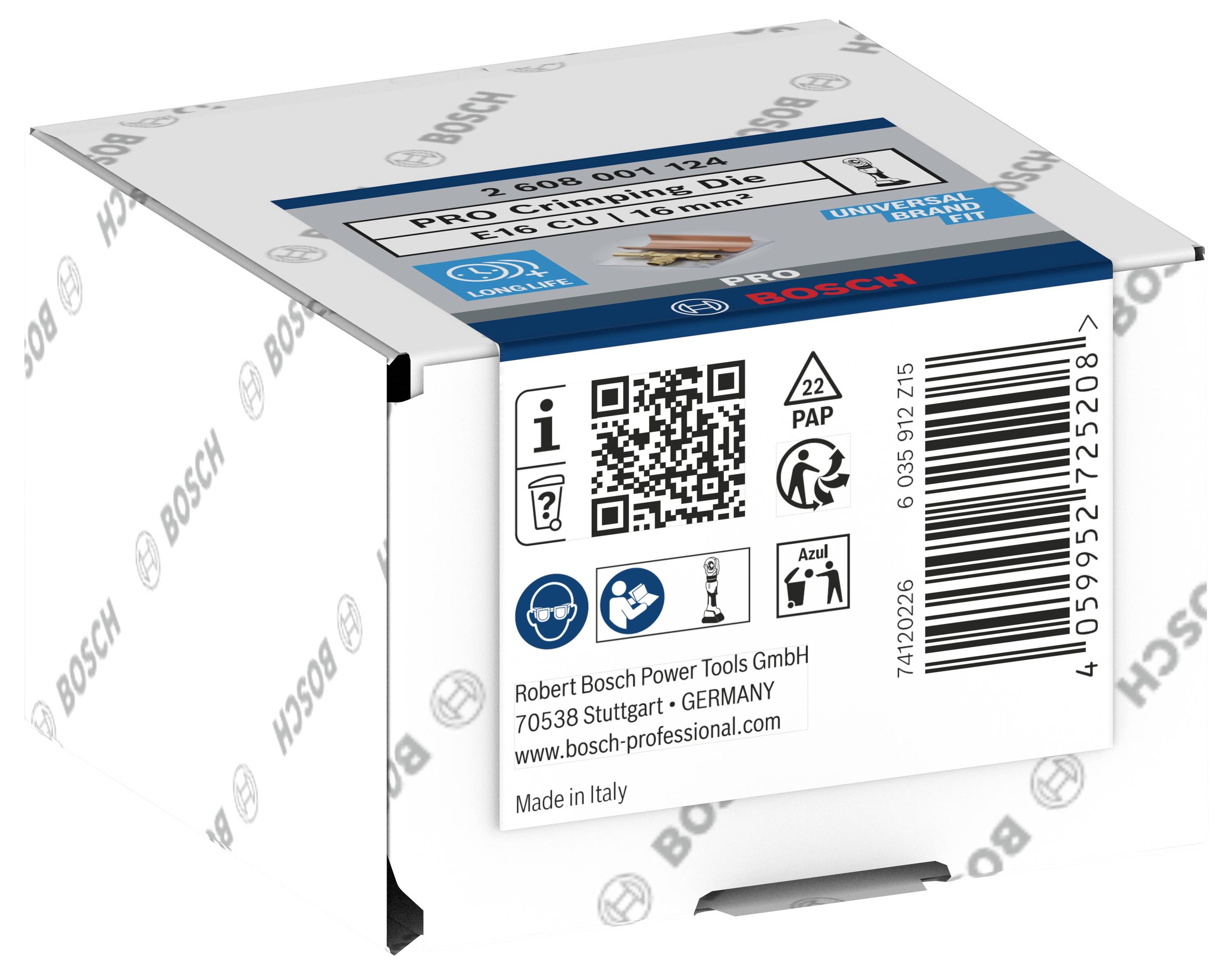 The packaging of a Bosch PRO CBN grinding disc, 115mm. Shows QR code, recycling symbols and place of manufacture: Italy.