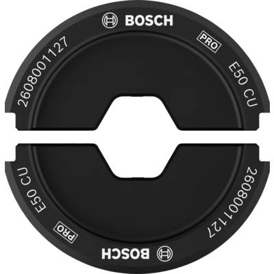 Round Bosch accessory part with text '2608001127', 'E50 CU', and 'PRO'. Dark design with two cut-outs in the centre.