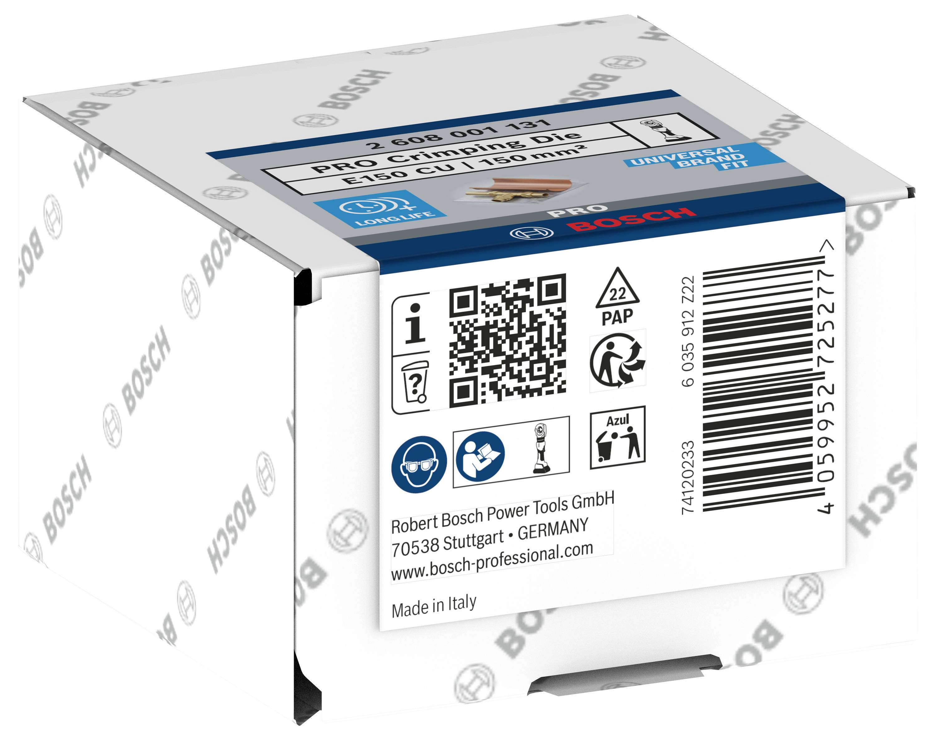 Cardboard packaging for a Bosch Pro Click multi-material saw blade, showing barcode, recycling symbols, company address and website link.
