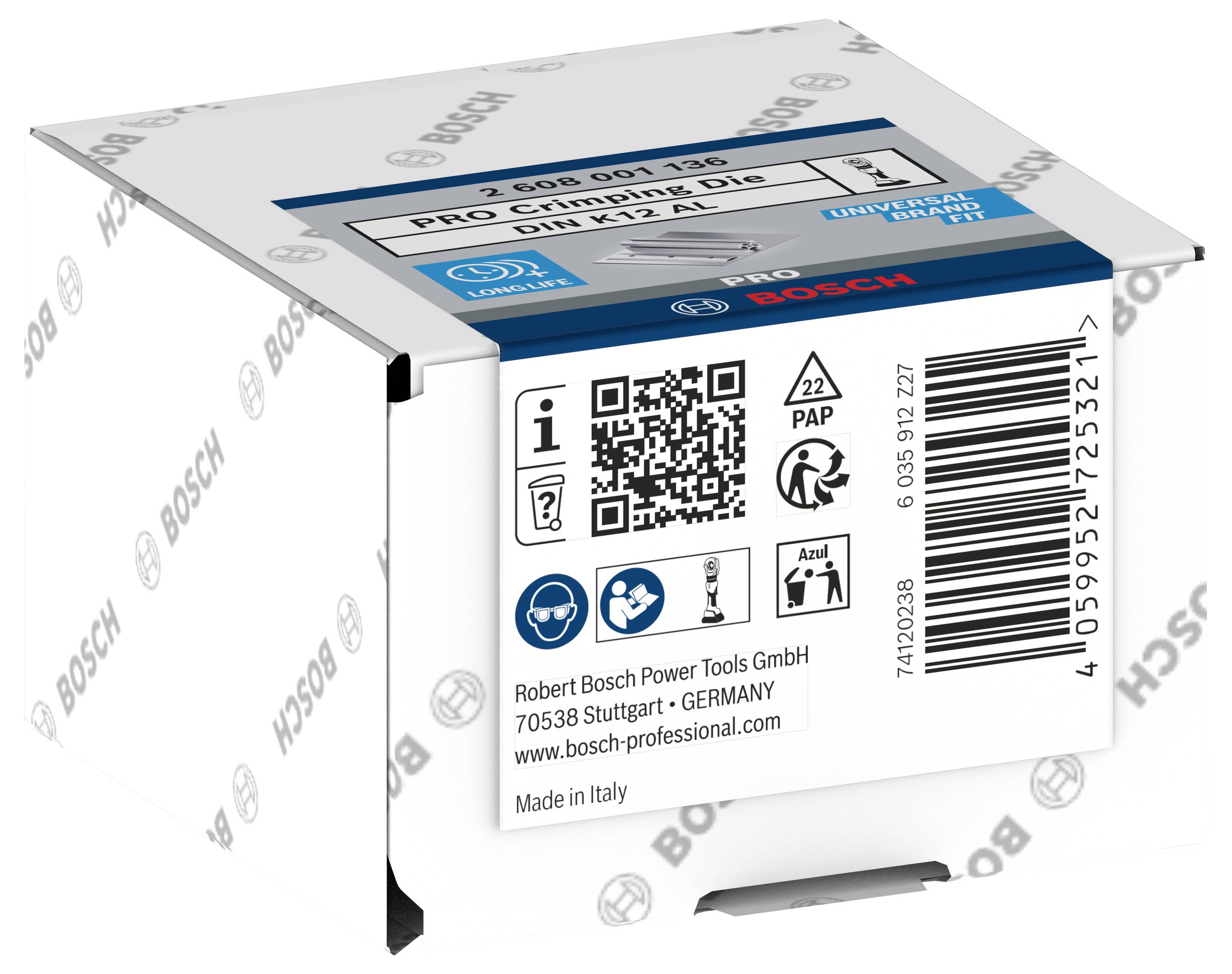 Cardboard packaging with Bosch logo and QR code. Text shows product information: 'Pro Cembrit Saw Blade'. Contains recycling symbol.