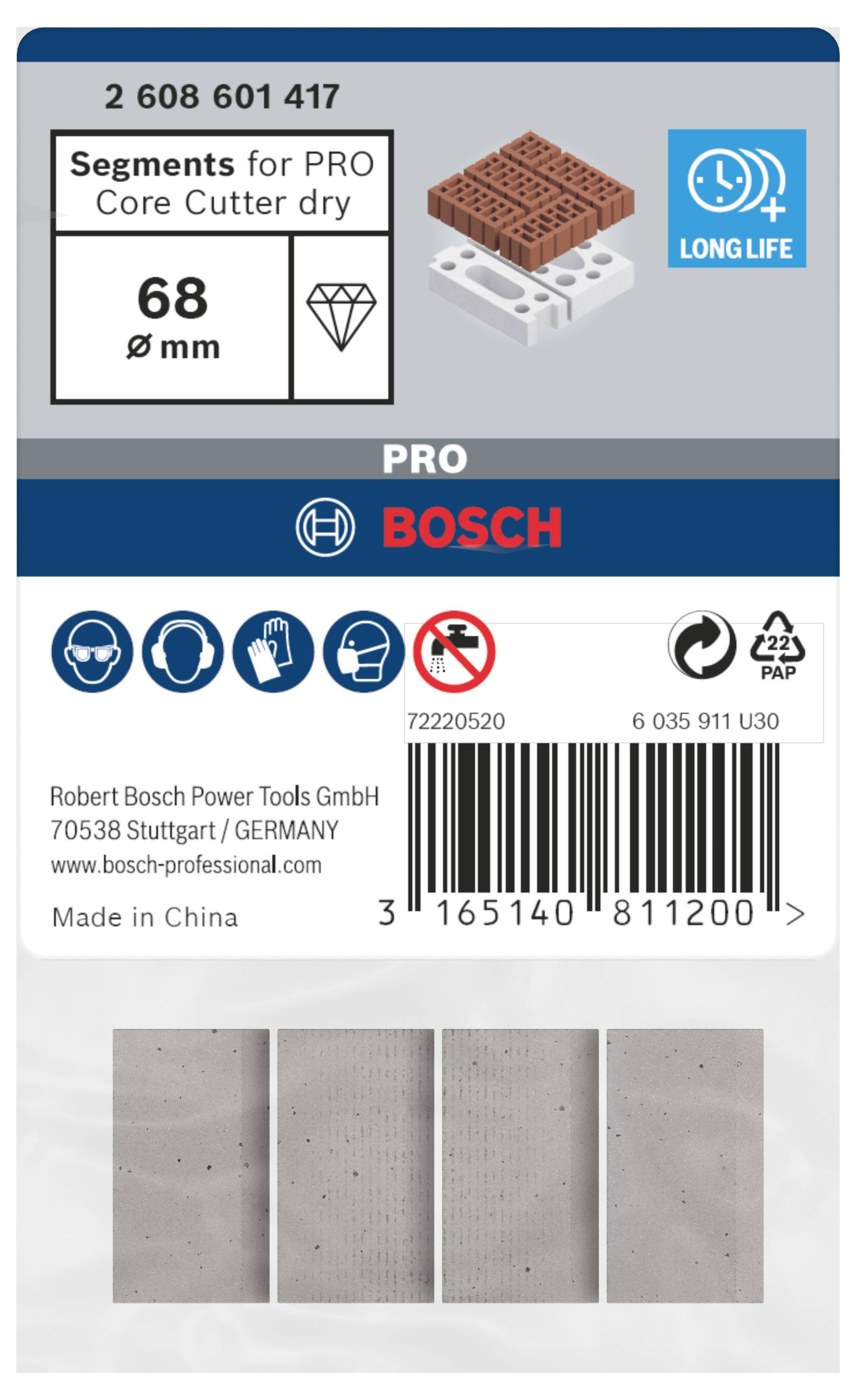 'Bosch Segments for PRO Core Drill Bits dry' packaging with diamond segments, product code, recycling symbol and barcode.