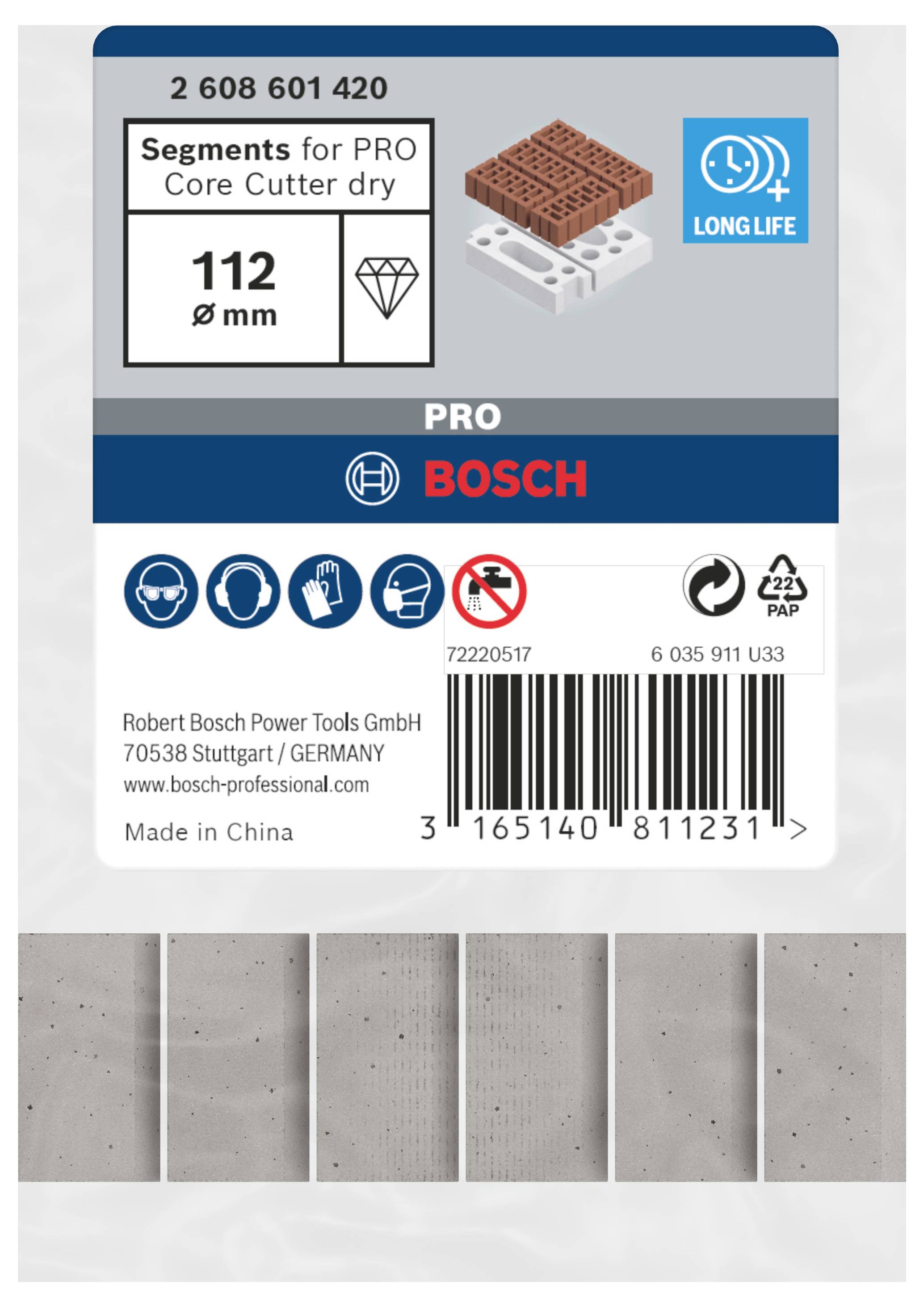 The text you provided is already in English. Here it is as presented:<br><br>'Segments for PRO Core Cutter dry, 112 mm. PRO BOSCH. Long life. Safety icons: goggles, gloves, mask, hearing protection.'