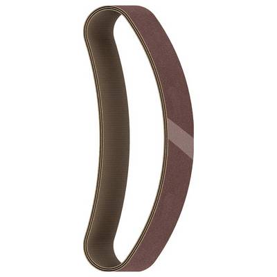Brown sanding belt in an oval arc, presented on a white background. Used for grinding and polishing materials.