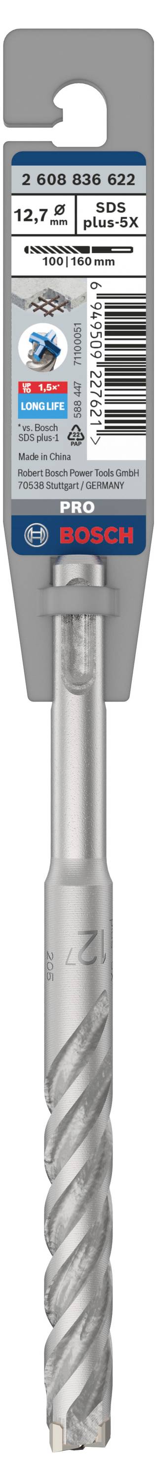 Bosch drill bit, 12.7 mm, SDS-plus, for concrete and masonry, in grey plastic packaging, key product features highlighted on top.