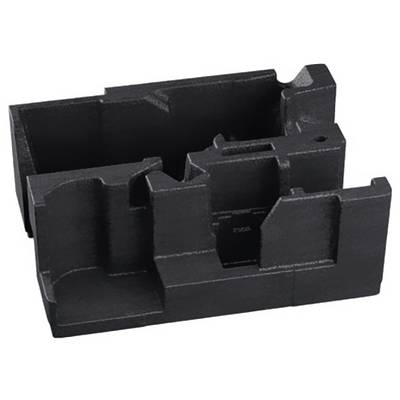 Black plastic component with complex shape and recesses, possibly a housing or mounting bracket, against a white background.
