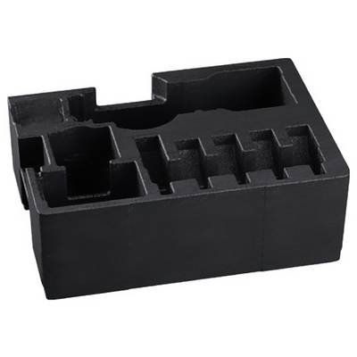 Black injection-moulded component with multiple compartments and recesses for housing tools or small parts.