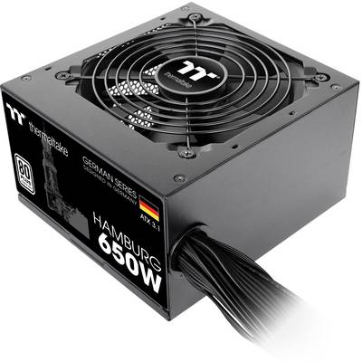 Thermaltake 'Hamburg 650W' Power Supply. Showing fan and cable connection. Part of the German Series, 80 PLUS certified.