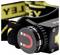 Close-up of a black head torch with a yellow text logo on top and a red magnetic symbol on the side.