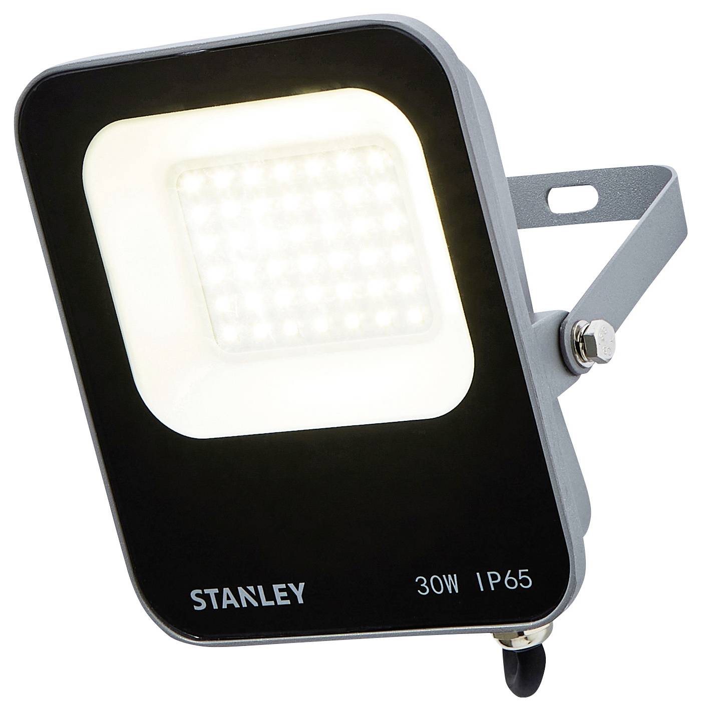'STANLEY 30W IP65' black LED floodlight with a square, bright light panel and adjustable mounting bracket, suitable for outdoor use.