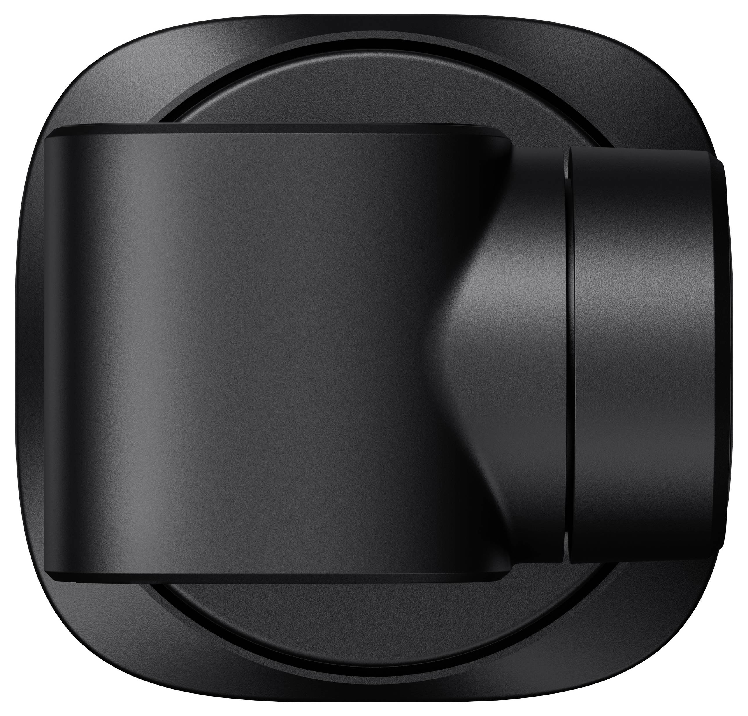 Black, square device with rounded corners and a cylindrical element on the right side, possibly a mount.