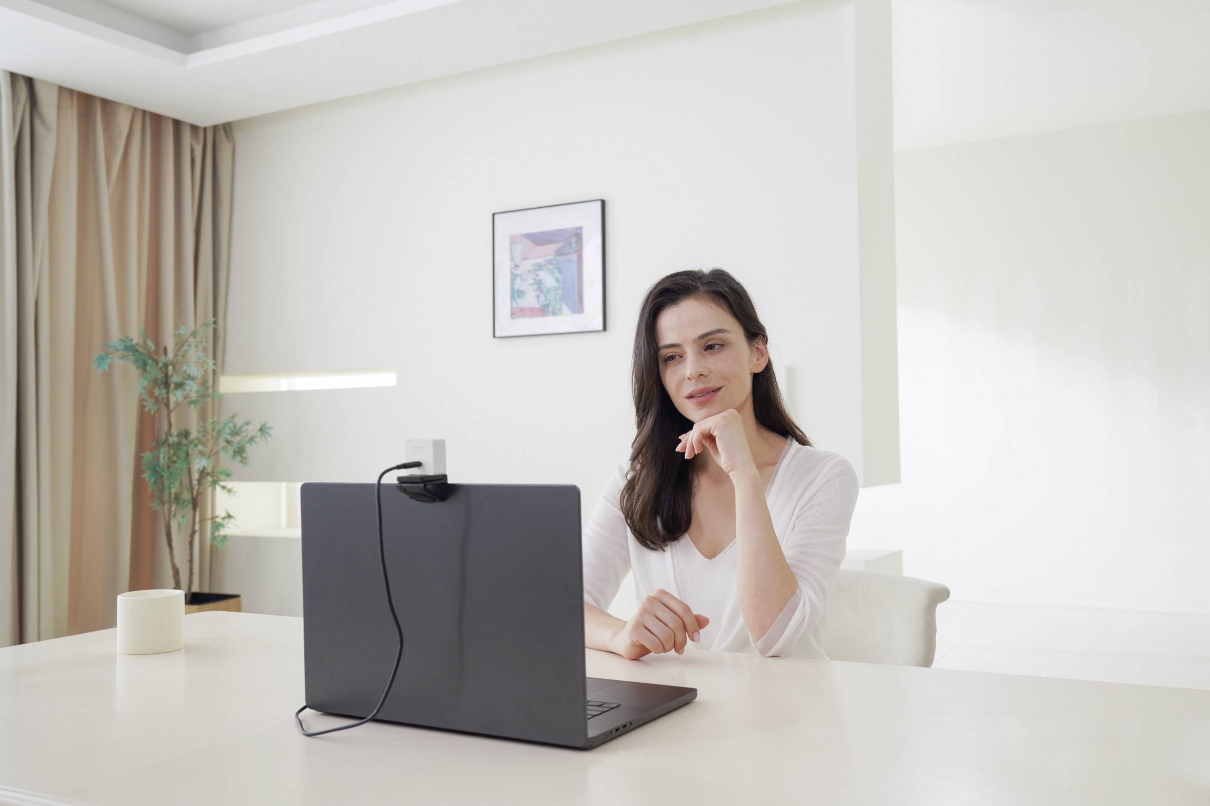 A woman is sitting at a table and looking at a laptop. The room is bright, with a small plant arrangement and a picture on the wall.