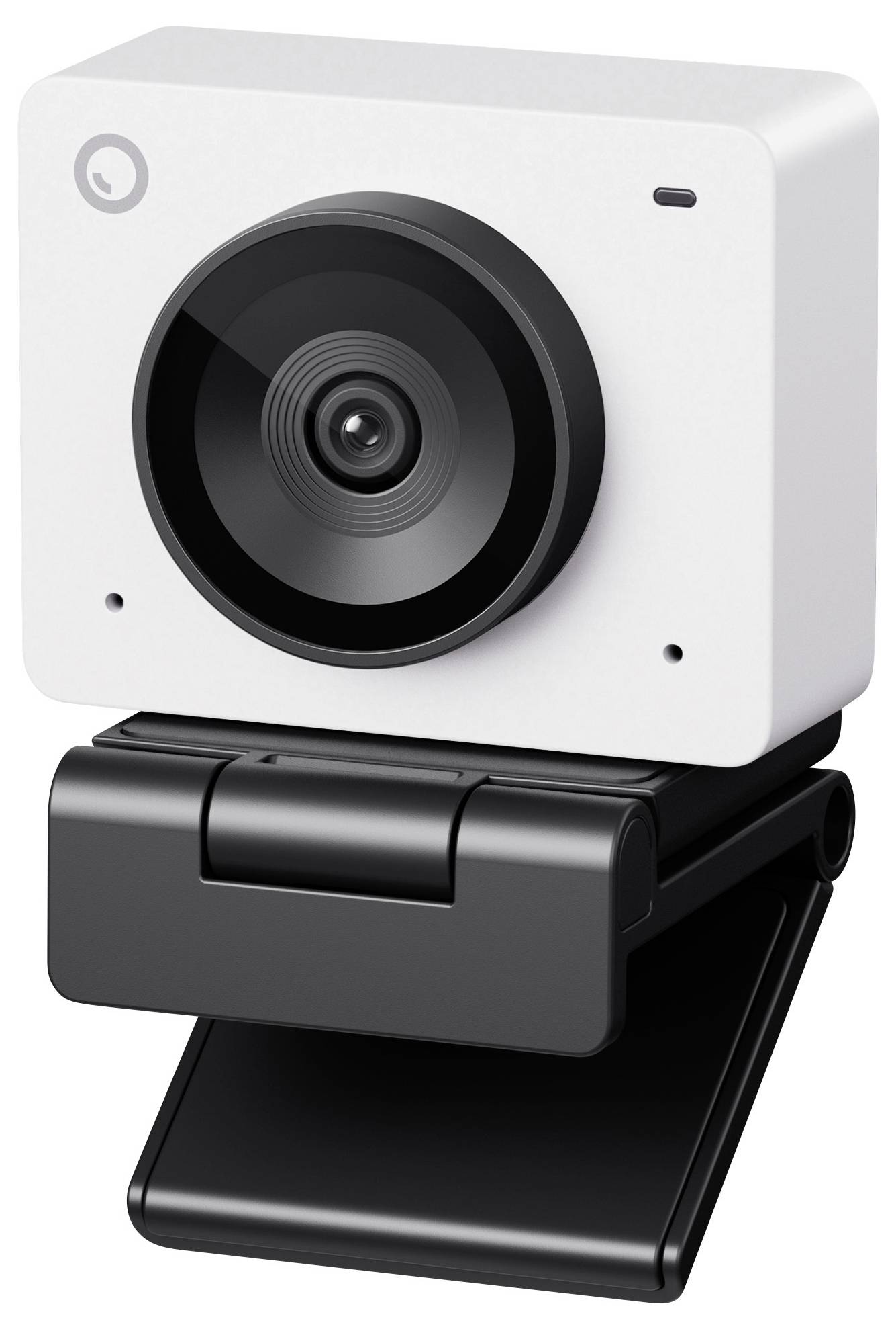 White webcam with a round lens, mounted on a black, foldable stand.