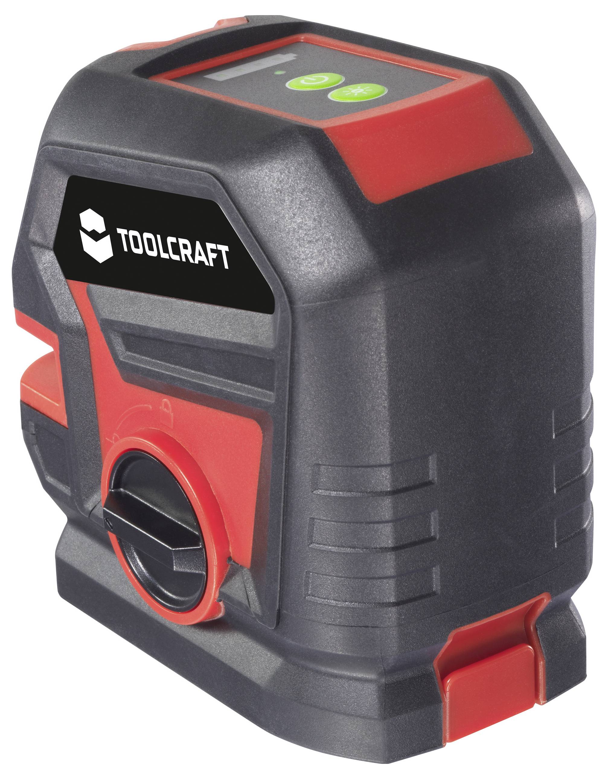 Red and black laser distance metre by Toolcraft with digital display, suitable for precise measurements in construction and renovation projects.