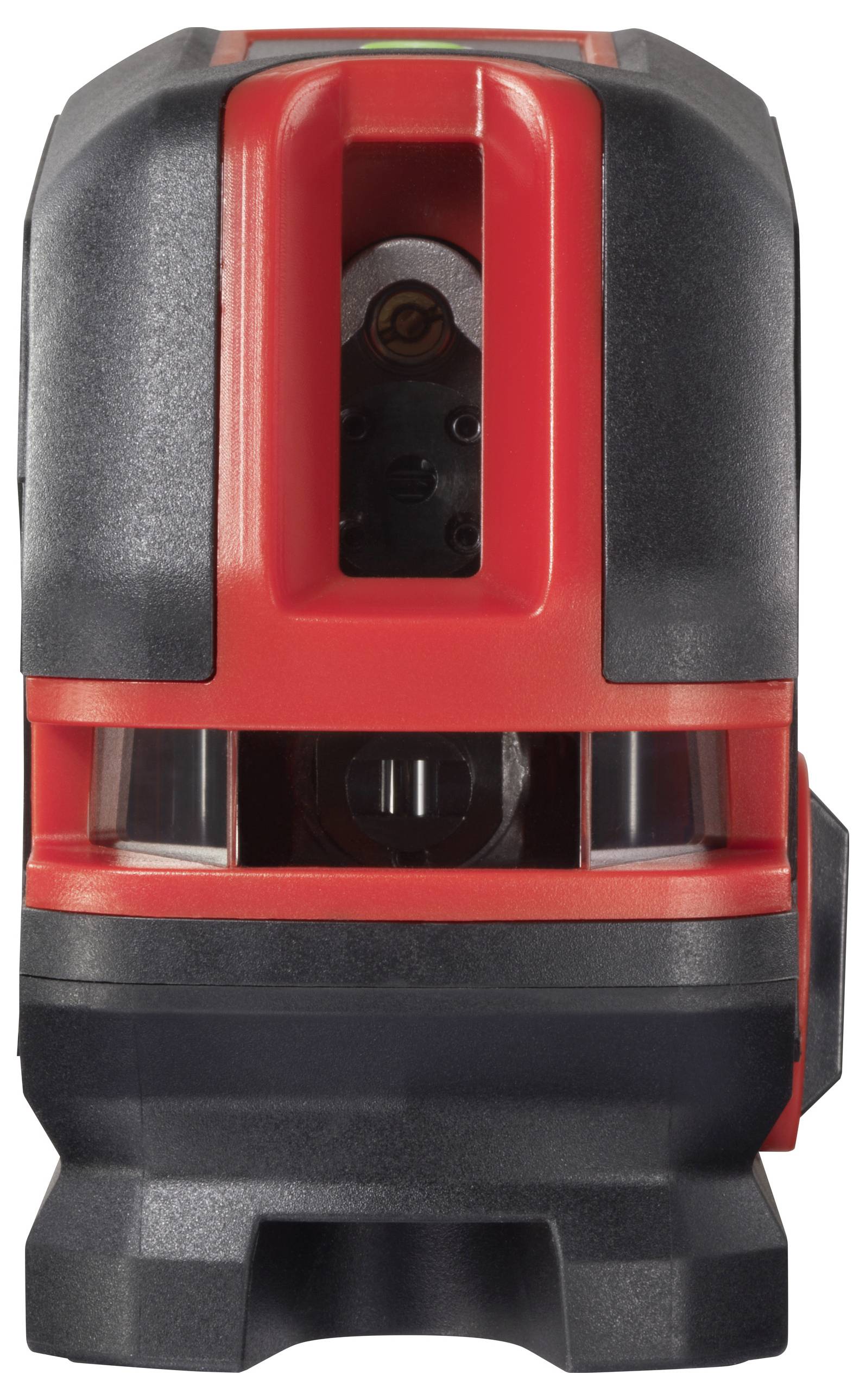 A red and black cross-line laser with a cylindrical shape, front lens, and side control panel, ideal for construction work.