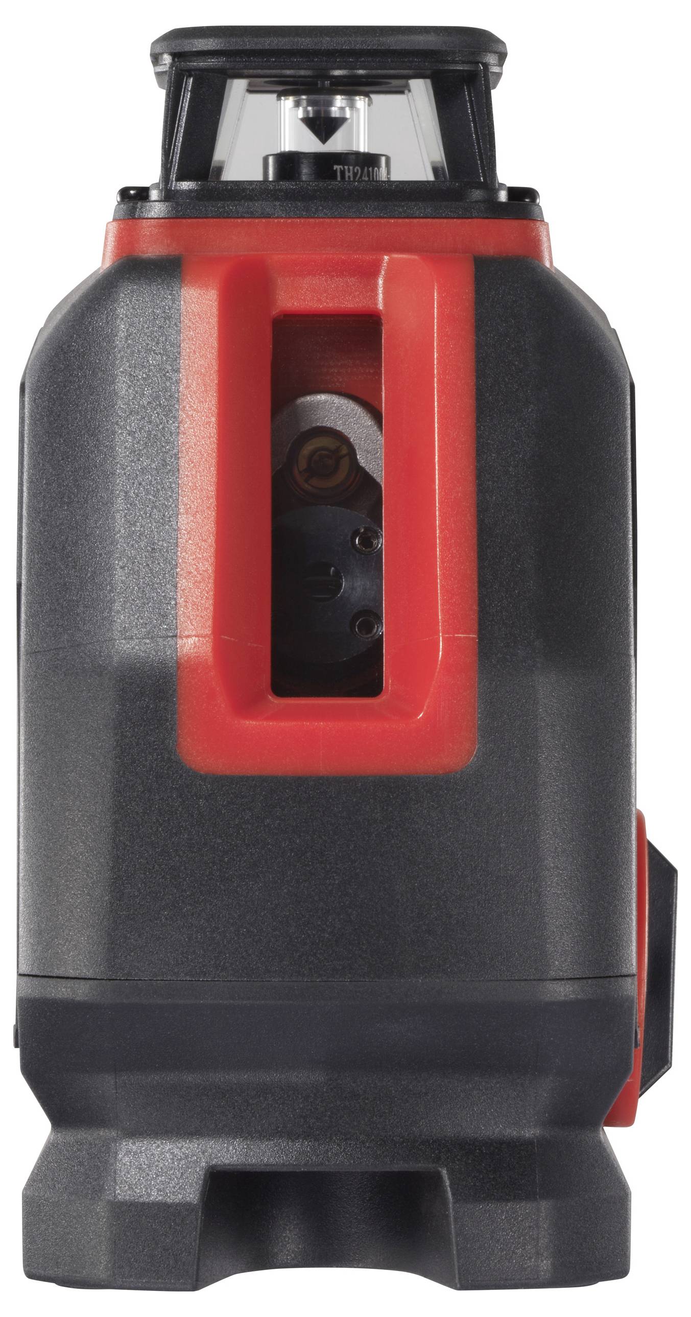 A red and black laser measuring device with vertical and horizontal alignment, standing upright on a grey background.