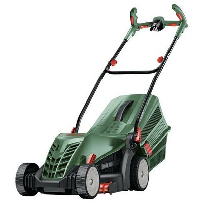 Green lawnmower with four wheels and a handle showing front and side views. Suitable for mowing small to medium-sized gardens.