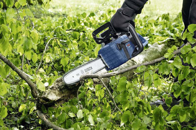 A person is sawing a fallen tree trunk and branches with a blue chainsaw in a green, wooded area.