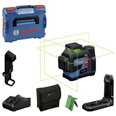 Bosch laser levelling set with cross-line laser, mounting brackets, charger, target plate, bag and case shown. Ideal for construction projects.