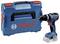 A cordless Bosch battery drill next to a blue tool case with red details and the Bosch logo.