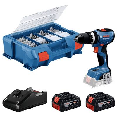 Cordless drill with case, charger and two 18V batteries. Bosch logo visible on the case and tool.