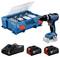 Cordless drill with case, charger and two 18V batteries. Bosch logo visible on the case and tool.